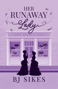 Cover of Her Runaway Lady, shades of purple with two women silhouetted against a shop window.