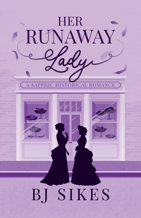 Cover of Her Runaway Lady, shades of purple with two women silhouetted against a shop window.